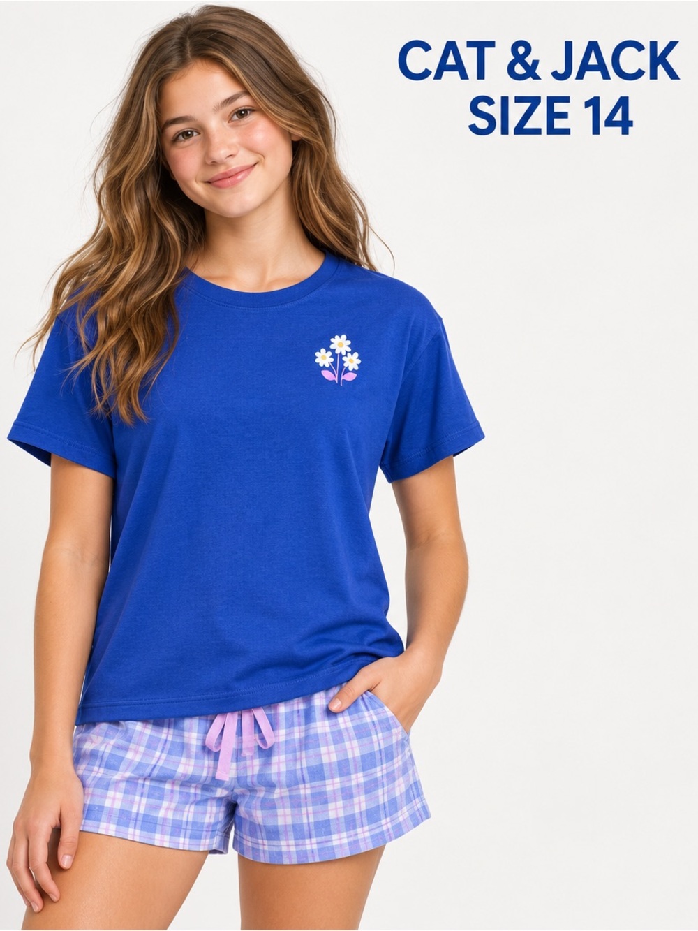 Cat & Jack Girls Size 14 Blue Daisy Floral Pajama Sleep Shirt Top